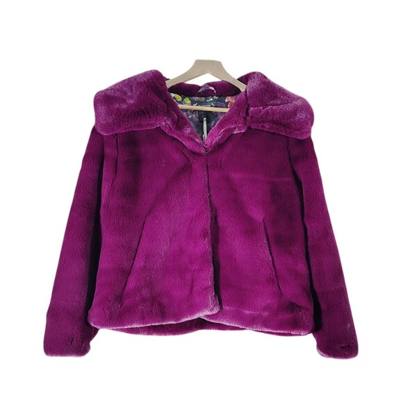 Nanette Lepore Jackets & Blazers - Womens Faux Fur Jacket L Magenta Plush Glam Mob Wife Y2K Cropped Statement Coat